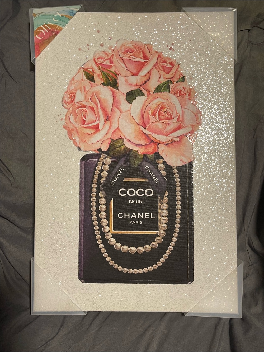 Oliver Art CHANEL Coco Noir Bottle Canvas Art with Pink Roses and Pearls